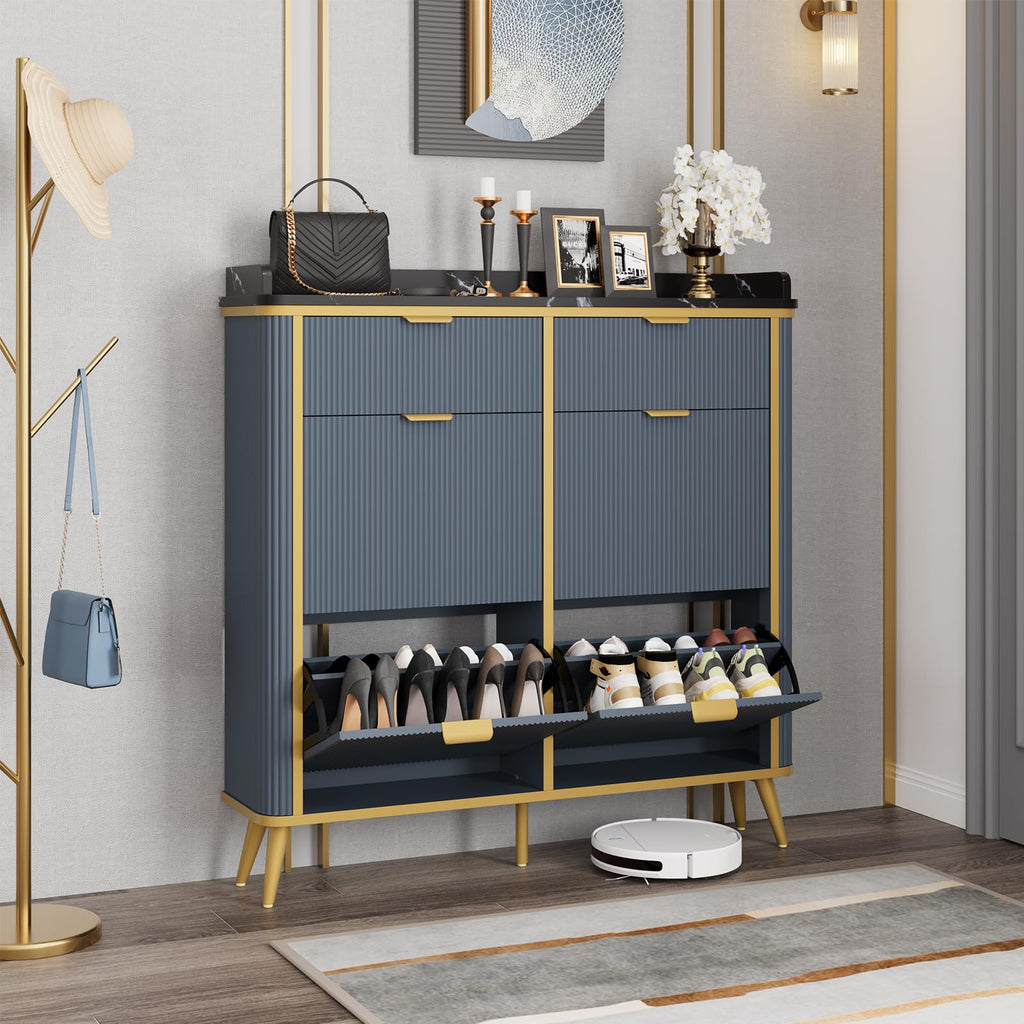 Fluted Shoe Storage Cabinet with 4 Flip Drawers & 2 Drawers, Freestanding Hidden Shoe Organizer with Adjustable