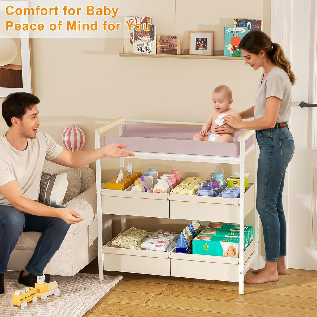 Baby Changing Table with Safety Bumper, Sturdy Diaper Change Station with Adjustable Devider in Large Storage Bin