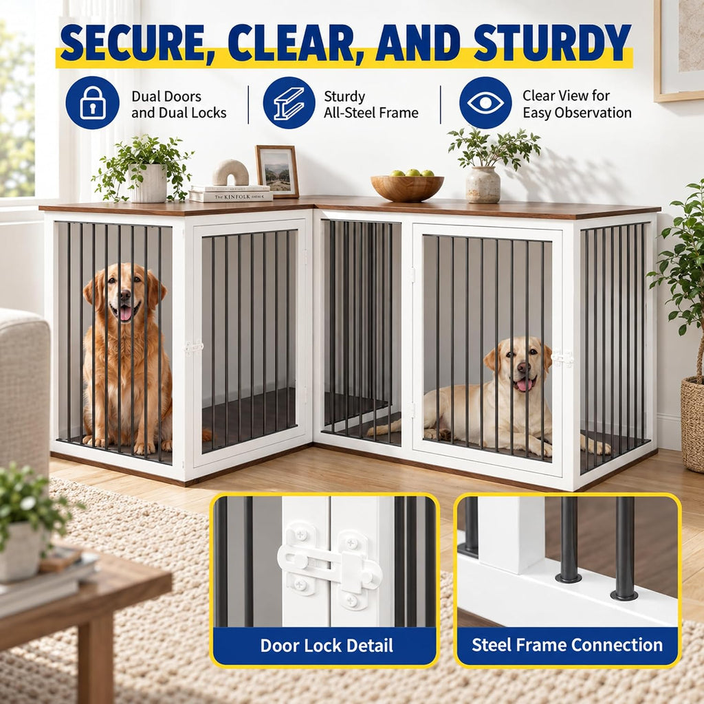 79.1-Inch L-Shaped Double Dog Crate Furniture for 2 Dogs, White