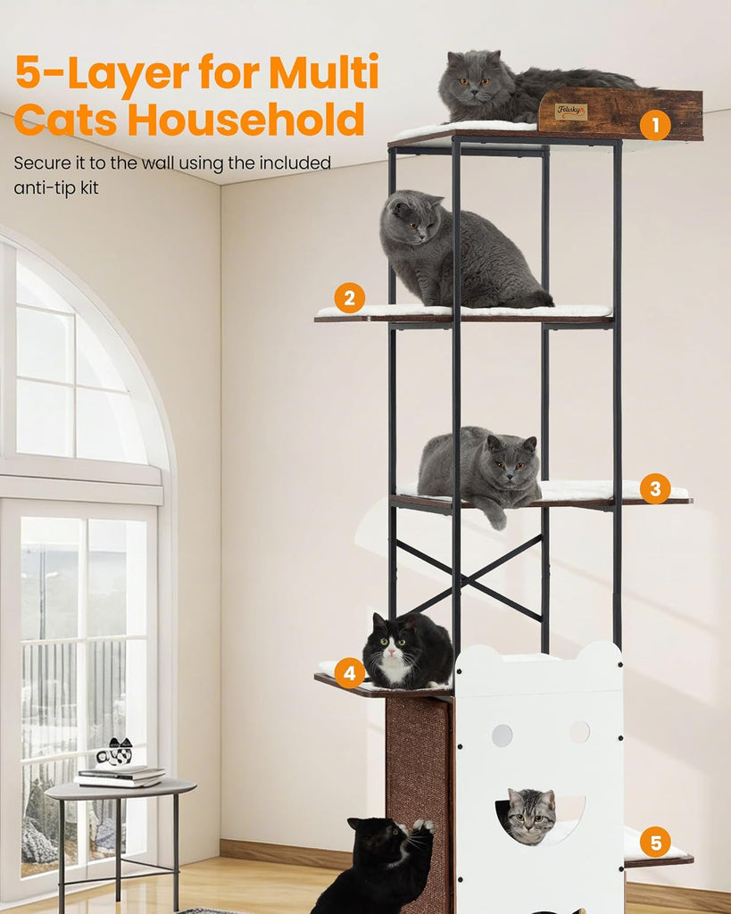 Wood Modern Cat Tree Tower, 84 Inch XL Tall Indoor Large Cat Condo