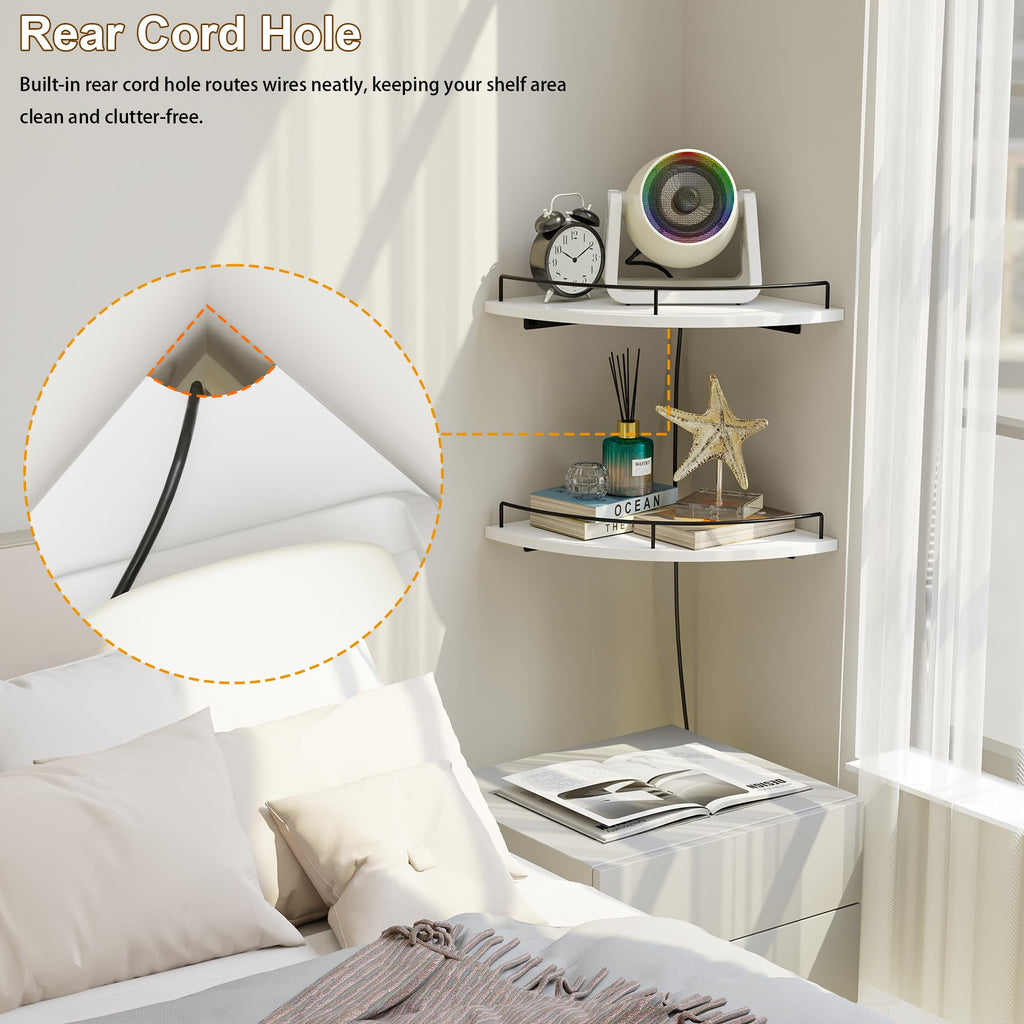 Corner Floating Shelves, Rustic Brown Wood, Set of 2, Wall Mount Storage with Guardrail Kitchen Living Room (White)
