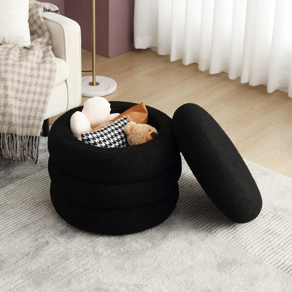 Sherpa Storage Ottoman, Foot Rest Stool Seat, Black Vanity Foot Pouf, Tufted Footstool with Removable Lid
