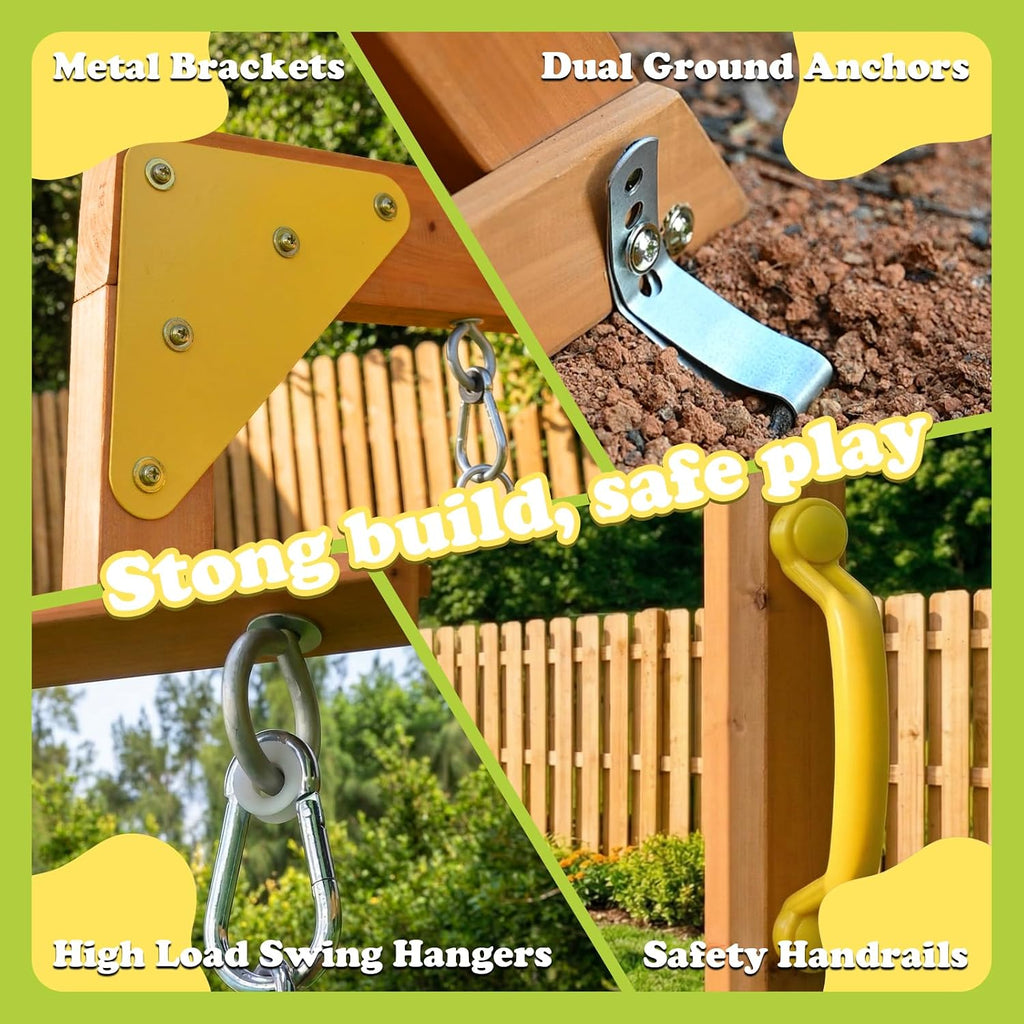 Wooden Playground Sets Backyards, for Ages 3-6 | Swing Set with Monkey bar, Outdoor Playset with Wave Slide, Rock