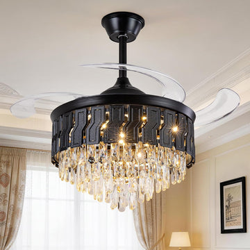 42" Black Crystal Ceiling Fan Chandelier, Retractable Fandelier