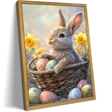 Easter Bunny Wall Art, Cute Rabbit Canvas Wall Decor Painting, Easter Eggs Poster Print Picture, Spring Farmhouse