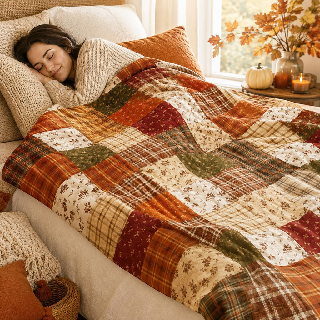 Fall Fuzzy Flannel Blanket, Patchwork Style, 60 x 50 Inch
