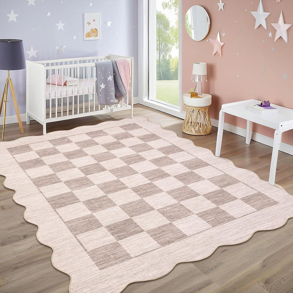 Scalloped Area Rug Modern Checkered Living Room Carpet, Non Slip Non Shedding Low Pile Indoor Rug, Machine