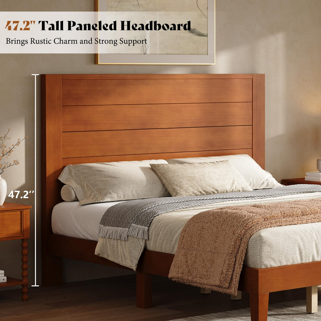 Queen Size Solid Wood Platform Bed with Mid Century Style, Brown