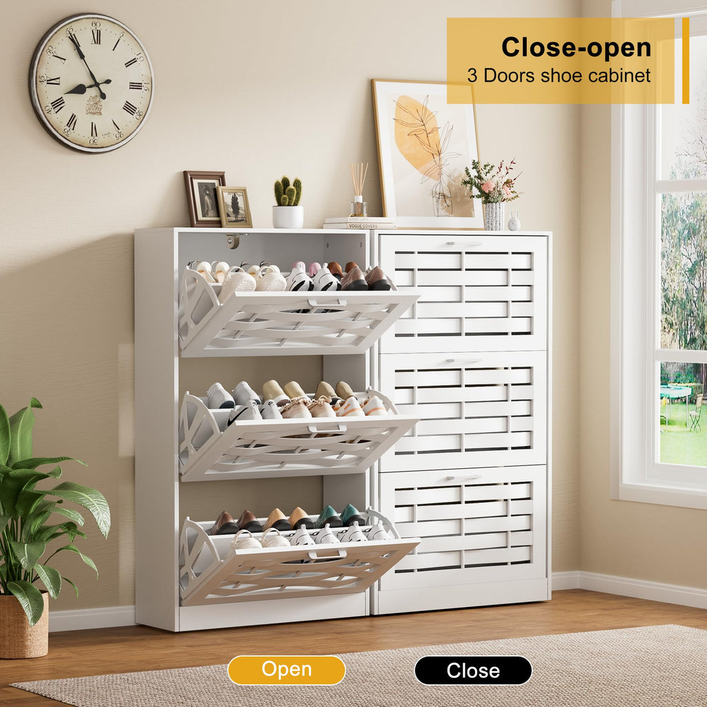 White Shoe Cabinet Storage with 3 Flip Drawers