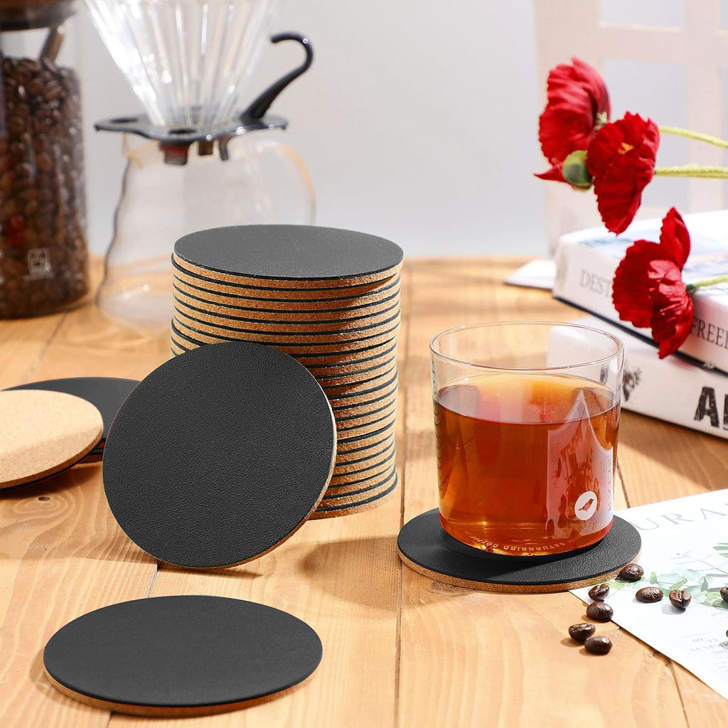 Cork and Leather Coasters for Drink 4 Inch Round Thick PU Leather Absorbent Coasters with Cork Blank Bulk - Set of 100
