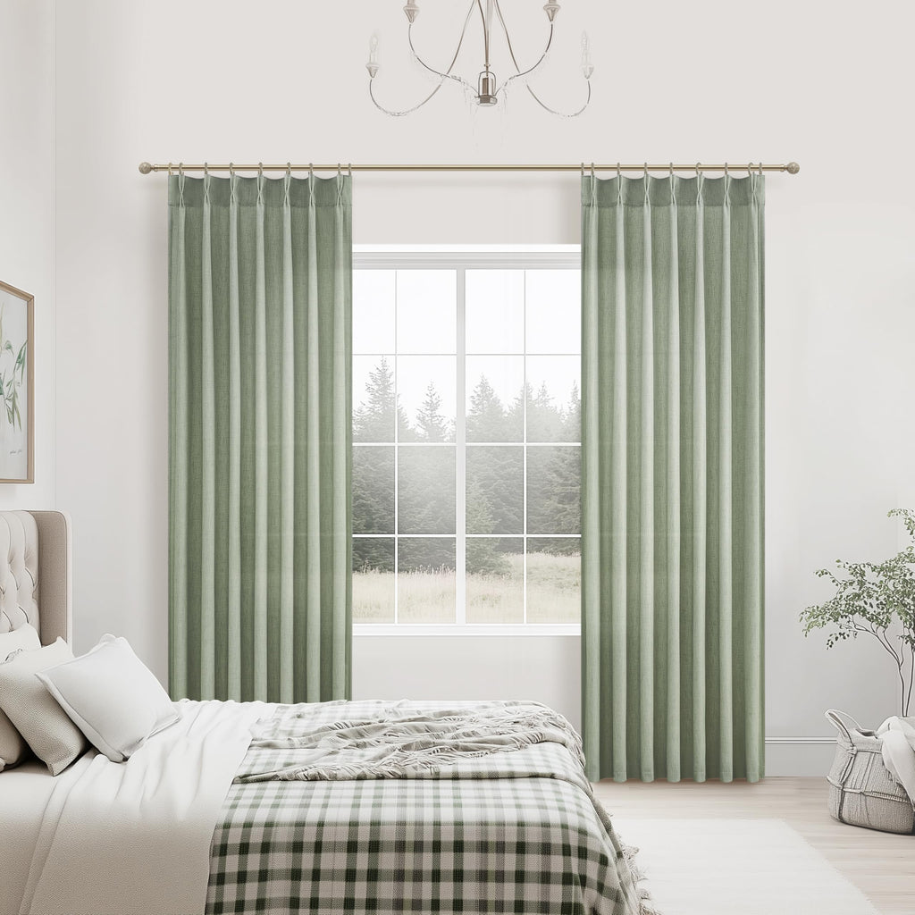 Memory Trained Pinch Pleated Linen Sage Green 100 Inch Long Sheer Curtains