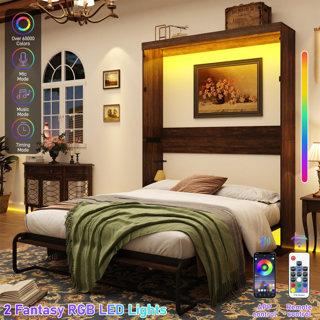 Full Size Murphy Bed with 2 LED Lights, Farmhouse Wood Hidden Foldable Wall Bed Frame w/Gas Struts, Storage Bed