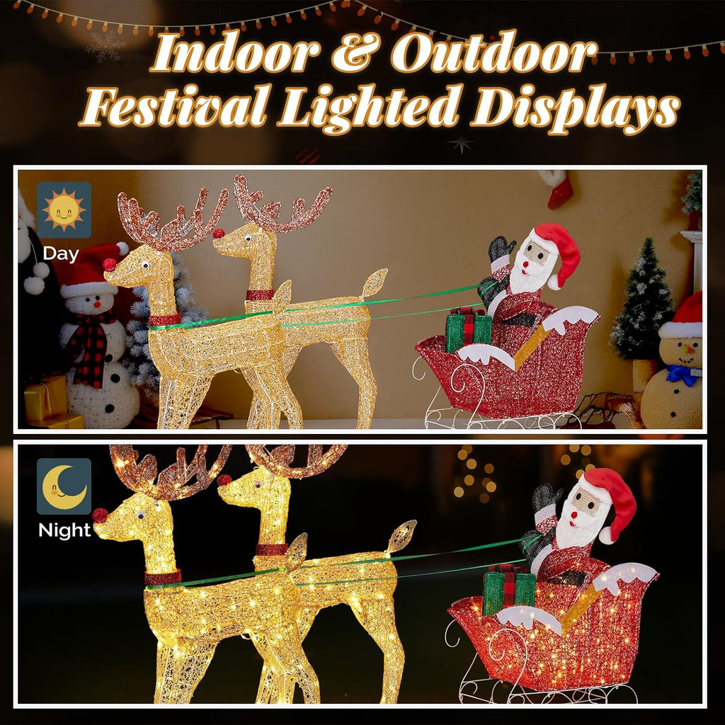 6FT Lighted Christmas Reindeer and Sleigh Outdoor Decorations, 2 Reindeer Pulling Santa's Sleigh, Warm White LED