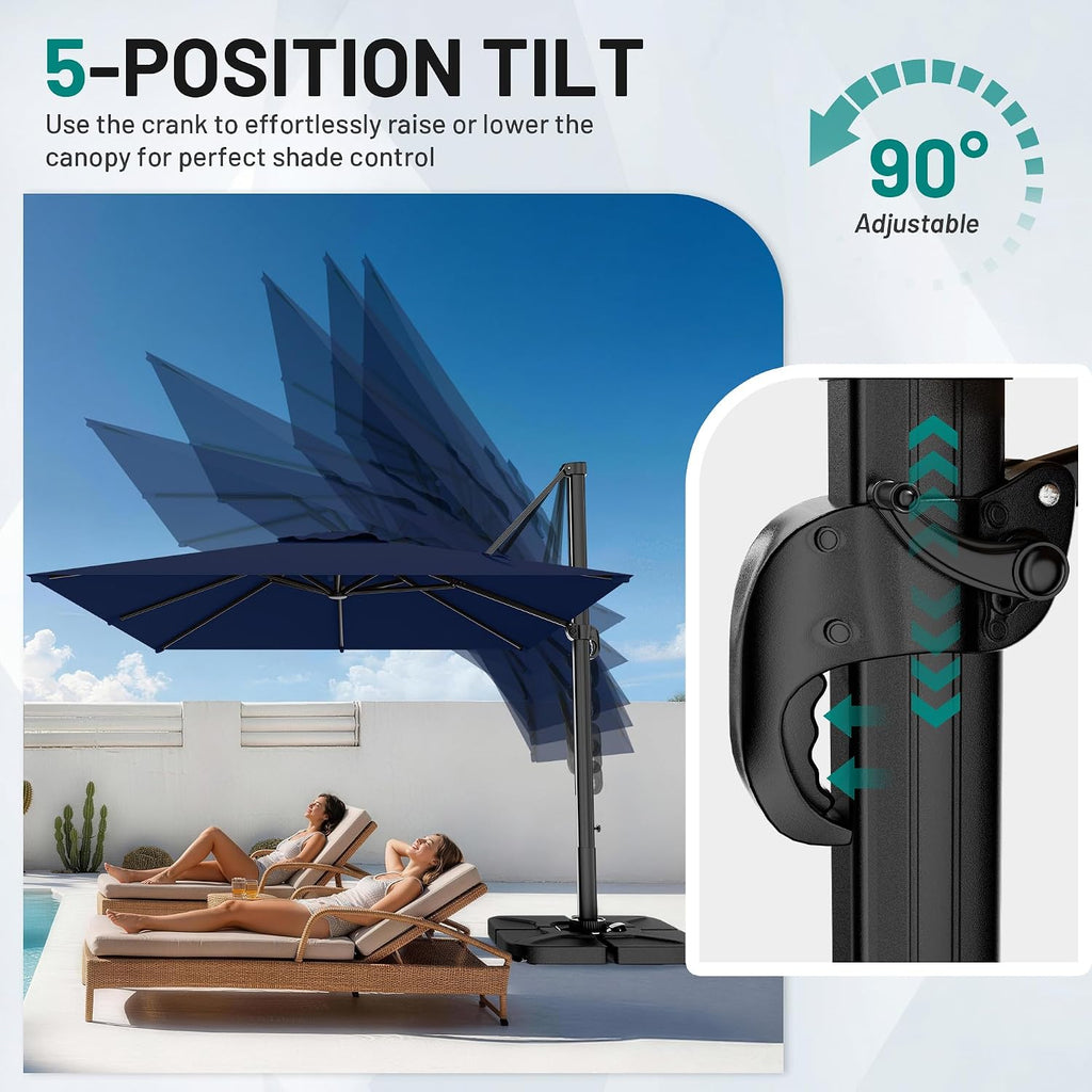 10 X 10FT Cantilever Patio Umbrella, 360-Degree Rotation Square Hanging Offset Umbrella with Crank