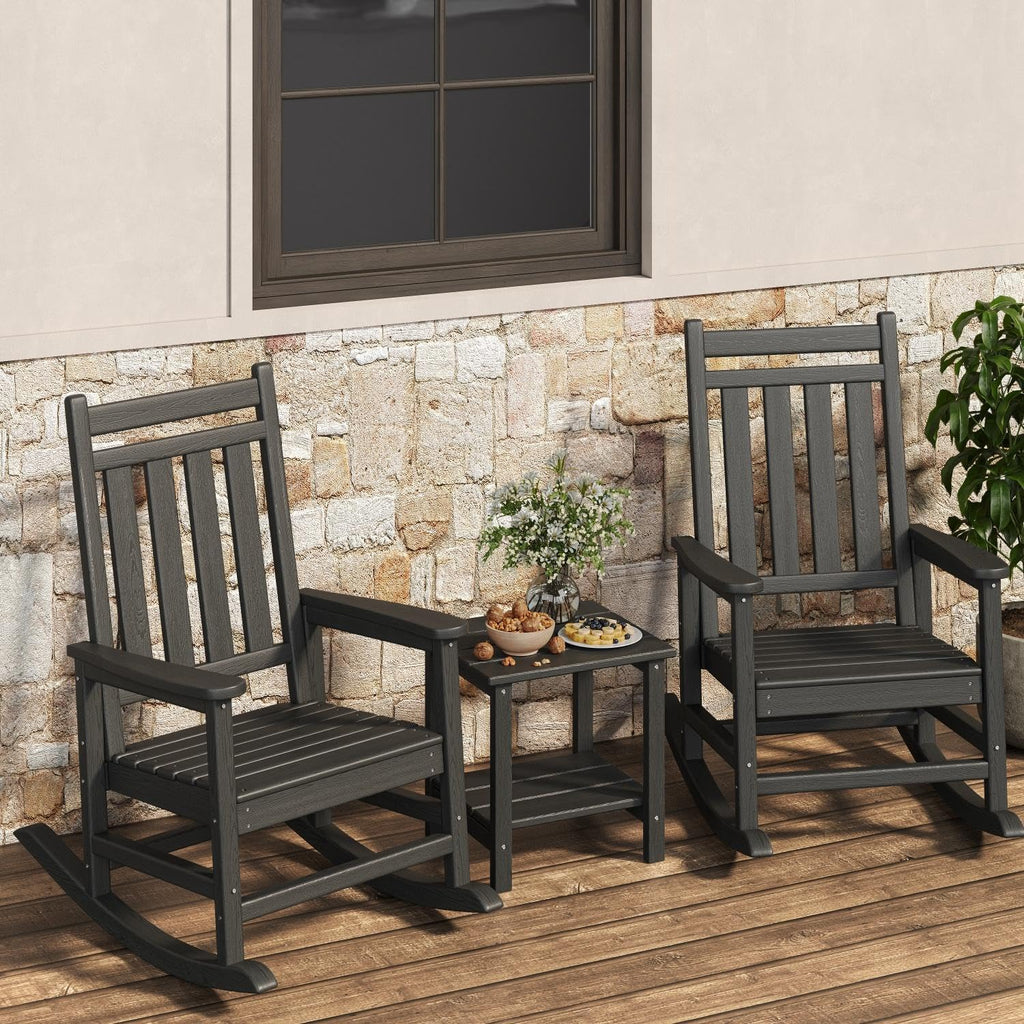 HDPE Rocking Chair Outdoor Set of 2 with Side Table, High Back Rocker | All Weather Resistant & Wood Textured