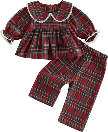 Baby Girl Peter Pan Collar Outfit Gingham Top Pants Set Fall Winter Clothes