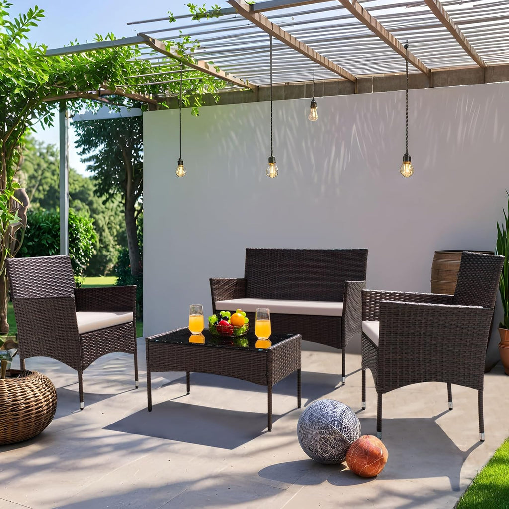 Greesum Patio Furniture 4 Pieces Conversation Sets Outdoor Wicker Rattan Chairs Garden Backyard Balcony Porch Poolside