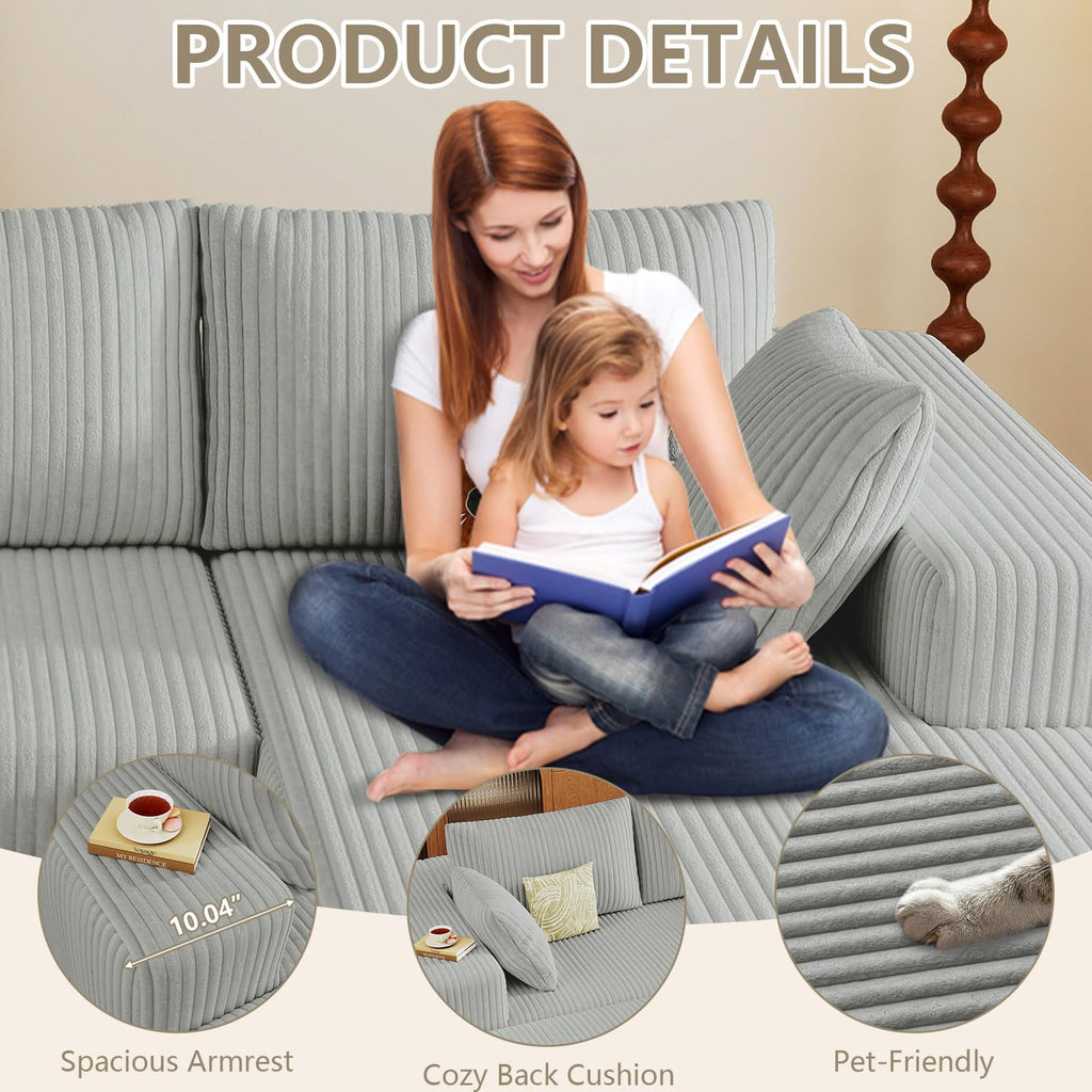 96" Cloud Sectional Couch with L-Shaped Chaise, Modern Corduroy Sectionals Couches with Deep Seat, Boneless Sofa 3