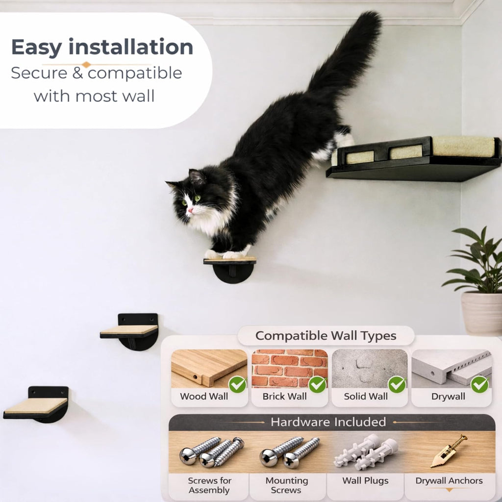 Cat Wall Shelves, Solid Wood Corner Bed, 3 Steps, Up to 25 lb, Black