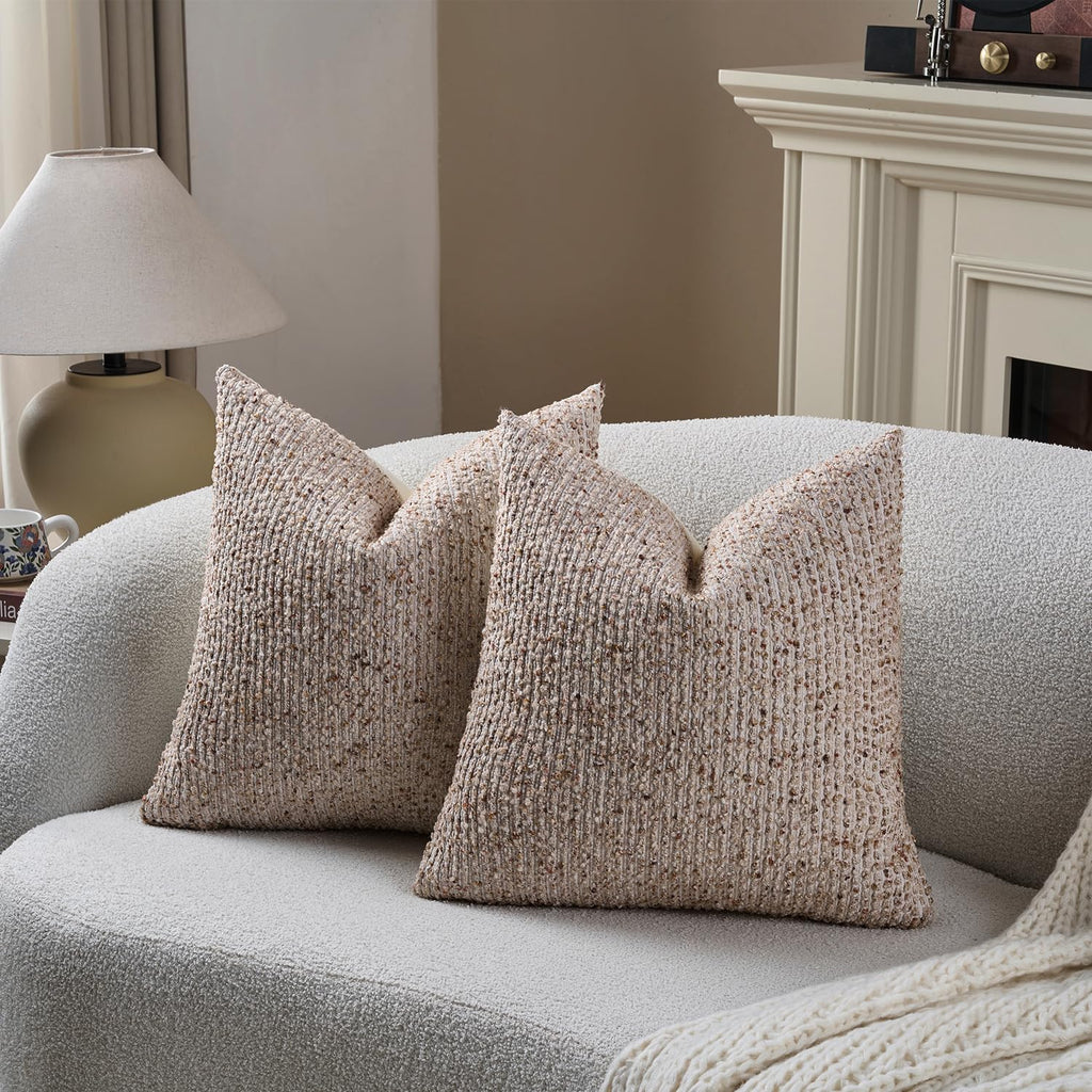 Striped Euro Sham Pillow Covers 26x26 Set of 2 Beige Textured Boucle Chic Morden Boho Accent Farmhouse Square