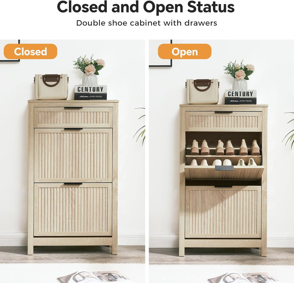 2 Flip Drawers Shoe Cabinet Storage , Narrow Shoes Organizer Cabinet for Front Door Entrance, Hidden Wooden Hallway
