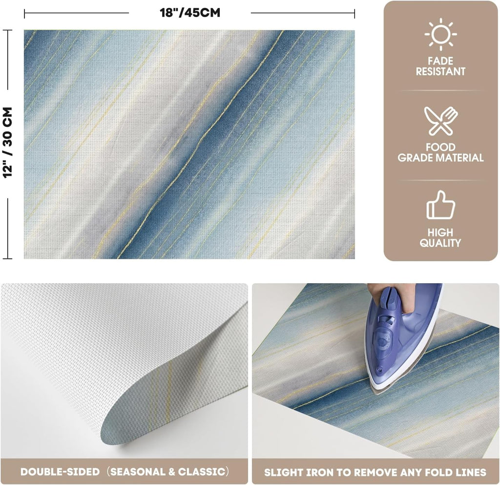 Boho Gradient Dusty Blue Vinyl Placemats, Heat Resistant Woven Plastic PVC Place Mats for Farmhouse Party - Set of 4