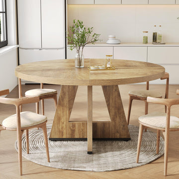 Round Dining Table for 4-6 People, 47 Inches Dining Room Table with Wooden Pedestal Base, Circle Kitchen Tables, Oak