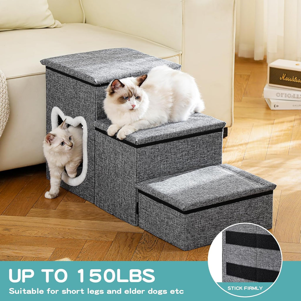 Pet Stairs with Storage and Condo, Cat Stairs for Old Cats, Grey