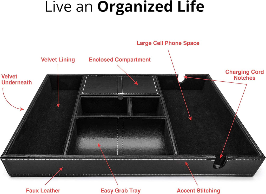 Valet Tray for Men, Nightstand Organizer, Entry Table Organizer, Catch All, Black Faux Leather Box, 6 Compartments