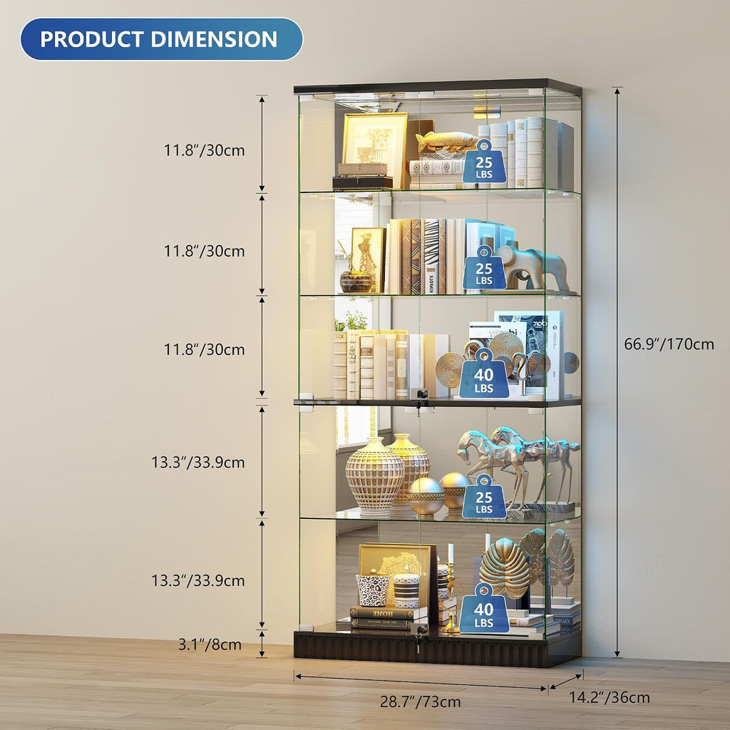 Full Glass Display Cabinet with RGB Lights and Lock for Collectibles, Black | Human Body Induction, 5 Dynamic & 7