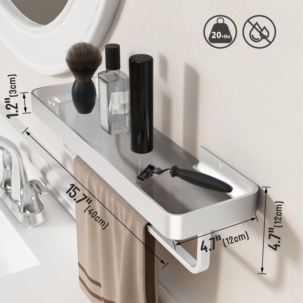 16 Inch Long Floating Bathroom Shelf with Towel Bar, Clear Tempered Glass Wall Shelf with Hand Towel Holder Storage