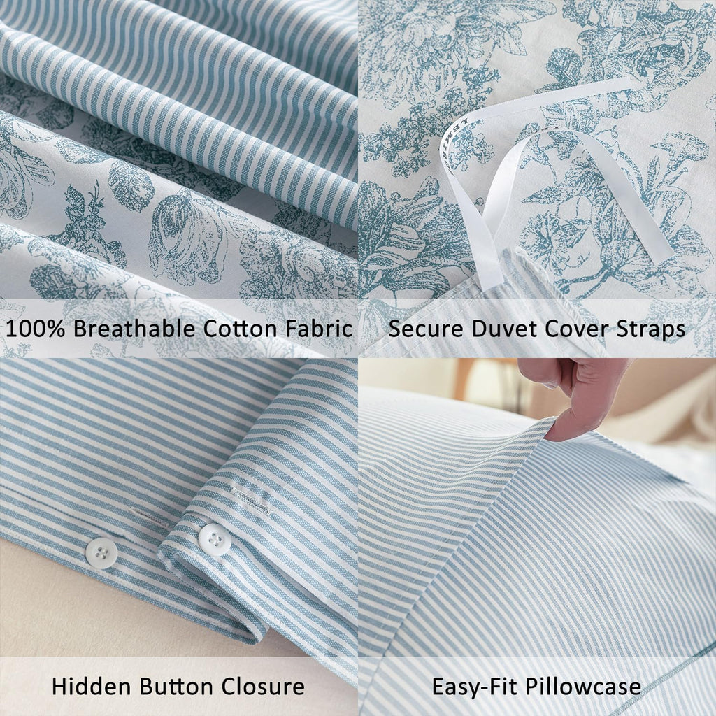 Vintage 100% Cotton Duvet Cover King 3PC - Elegant Pale Slate Blue Floral Pattern on White with Light Blue & White