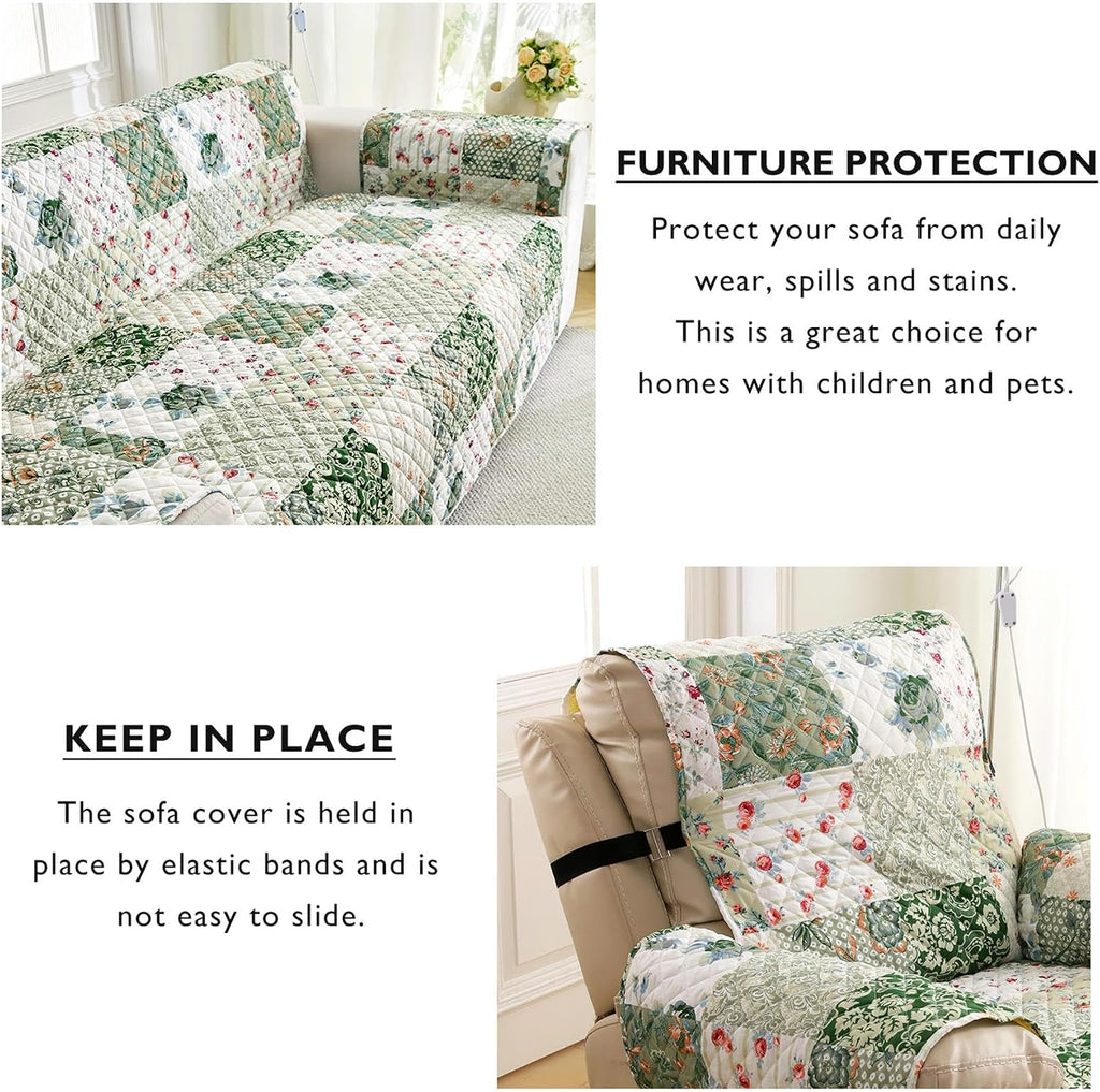 Skidproof Sofa Cover-Green Sofa Slipcover with Elastic Straps-Easy Fit Slip Cover-Patchwork Washable Furniture