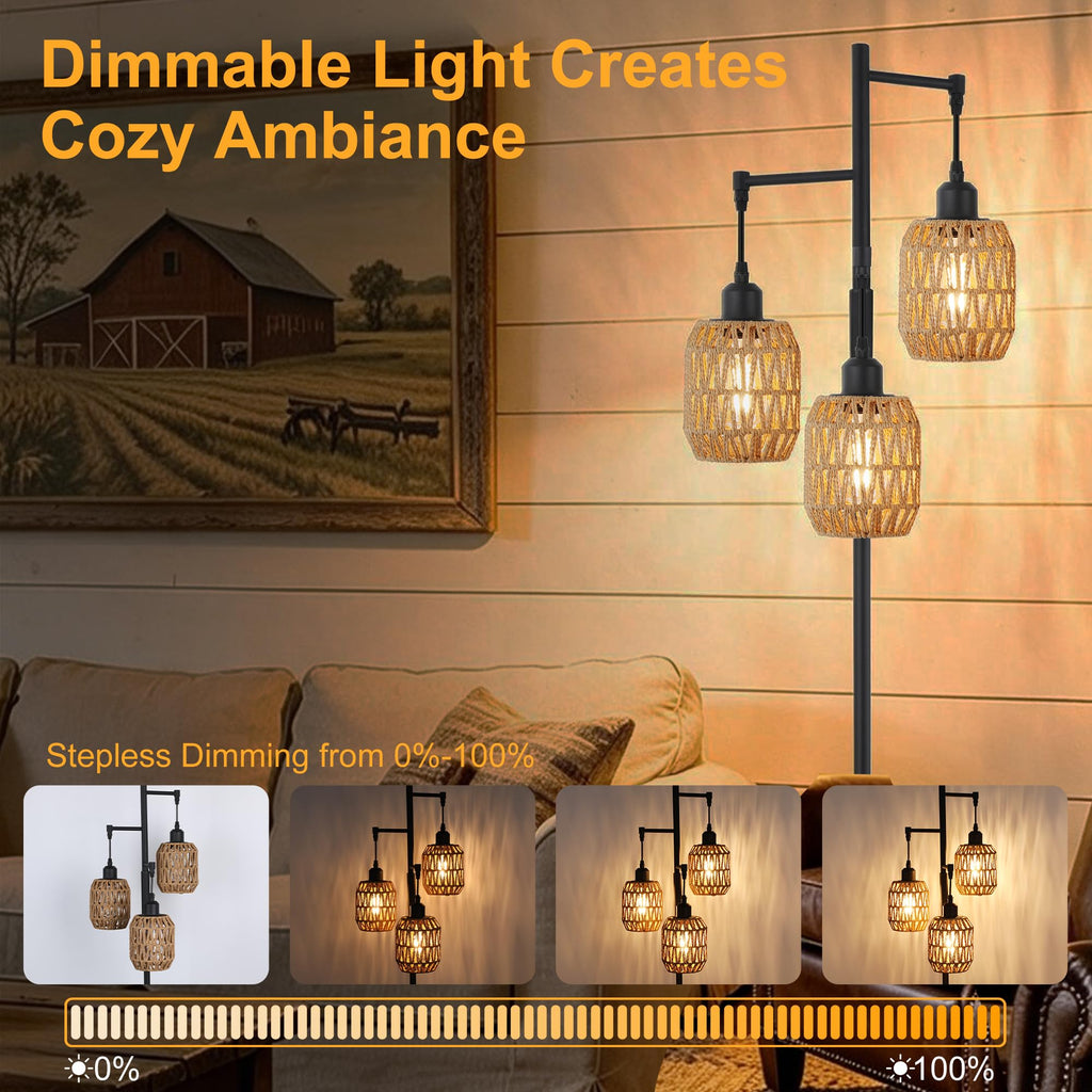Boho Rattan Tree Floor Lamp, Black Dimmable Standing Lamp