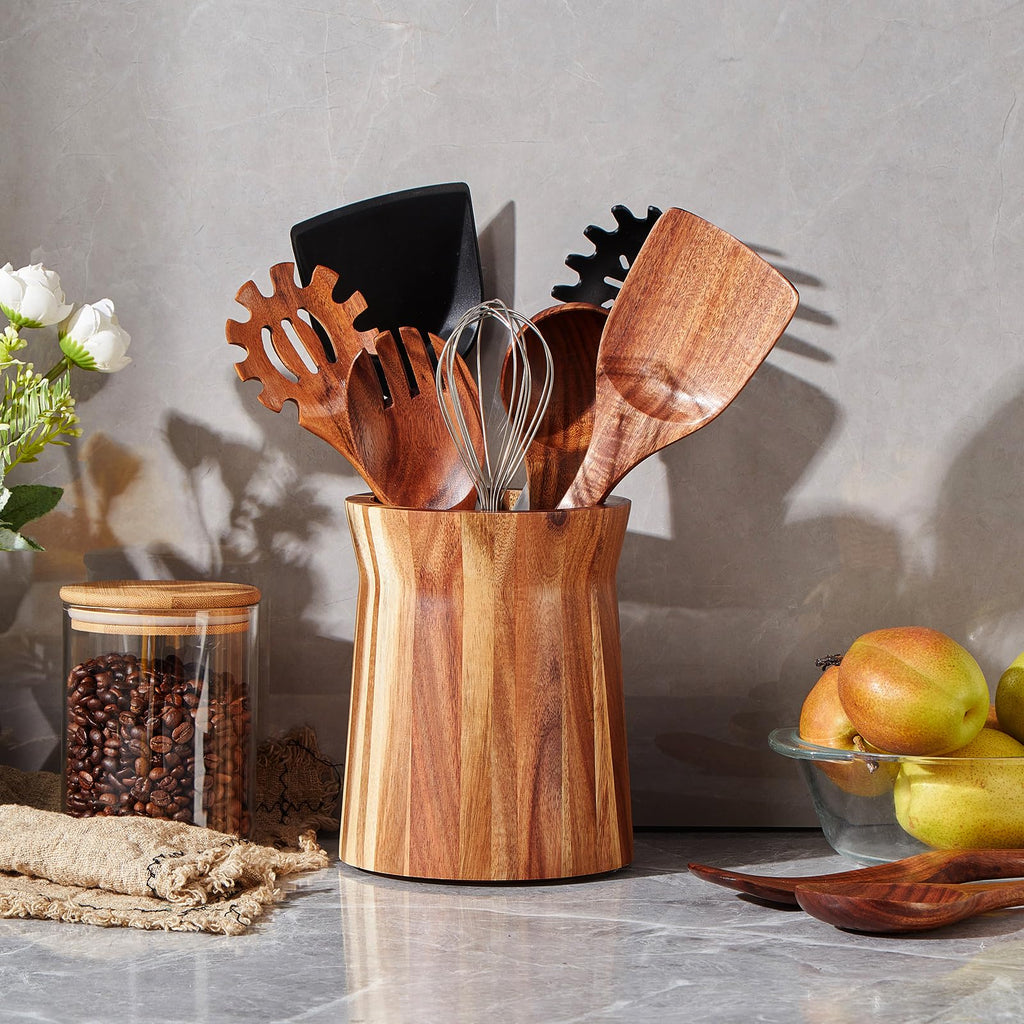 Wooden Utensil Holder for Countertop, 360° Rotating Kitchen Utensil Holder, 7.2"x 6" Large Acacia Wood Crock