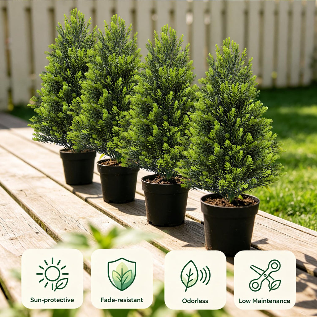 4Pack Artificial Cedar Topiary Trees Outdoor with Spike, 20" UV Resistant Fake Shrubs Bushes with Stake, Outdoor Faux