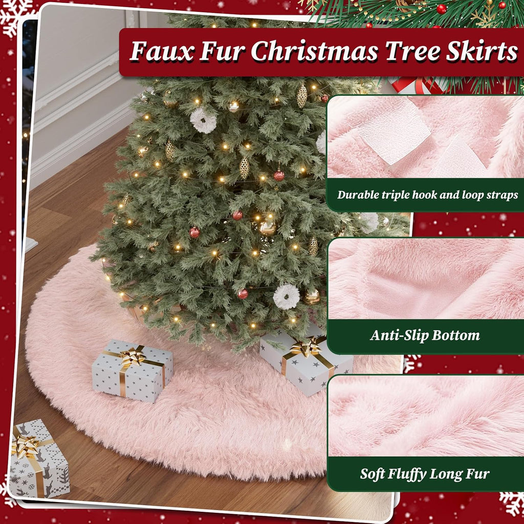 60 Inch Pink Faux Fur Christmas Tree Skirt Plush Xmas Tree Base Cover