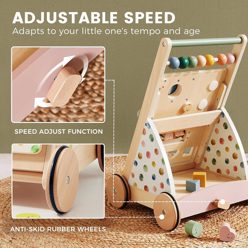 Land Wooden Baby Walker with Activity Center, Montessori Push Walker