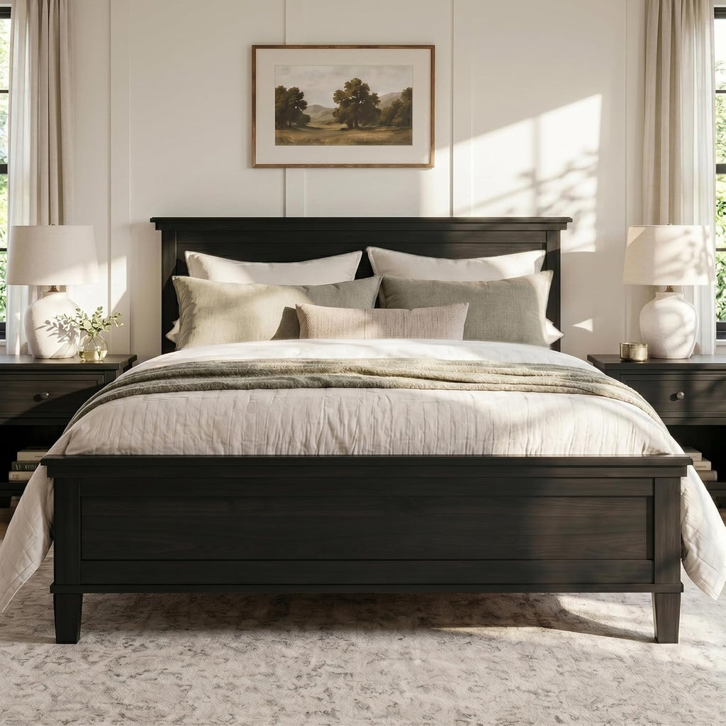 King Wood Bed Frame with Headboard, Mid-Century Modern Platform Bed, Farmhouse Style Bed with Under-Bed Storage, Wood