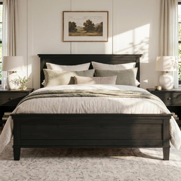 King Wood Bed Frame with Headboard, Mid-Century Modern Platform Bed, Farmhouse Style Bed with Under-Bed Storage, Wood