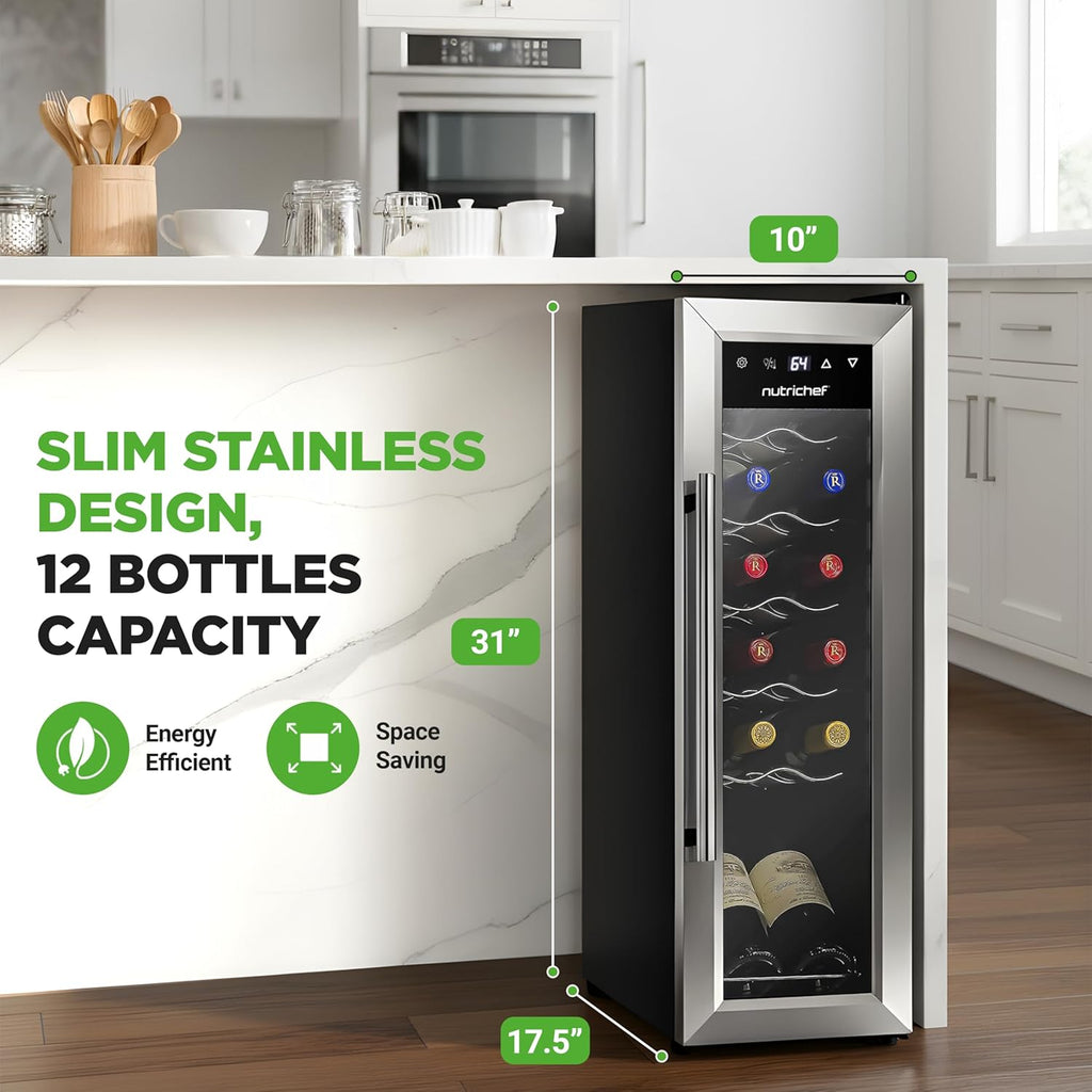 12 Bottle Stainless Steel Slim Wine Fridge | Red & White Wine Chiller | Adjustab