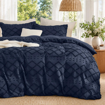 Boho Duvet Cover Set, Tufted Embroidery Bedding, 3 PCS, Navy Blue