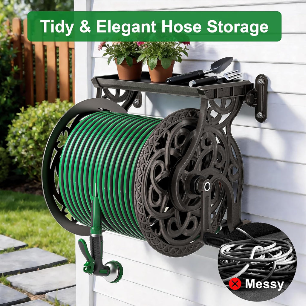 Garden Hose Reel Wall Mount Metal, Holds 125 ft x 5/8" Decorative Water Hose Holder for Outside Storage, Heavy Duty