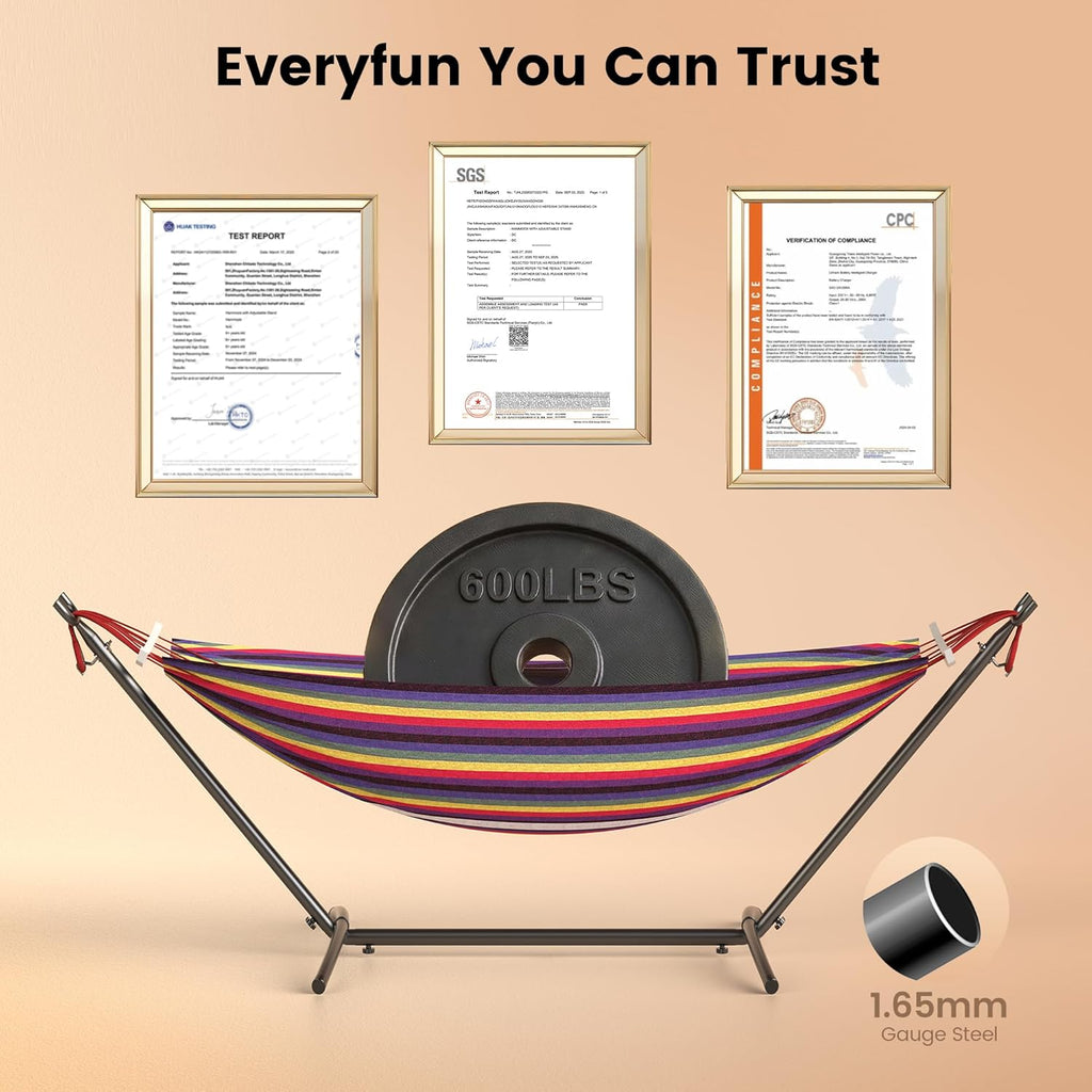 Double Hammock with Stand, 2 Person Heavy Duty Hammock with Steel Stand, 600 lbs Capacity Cotton Hammock for Outdoor