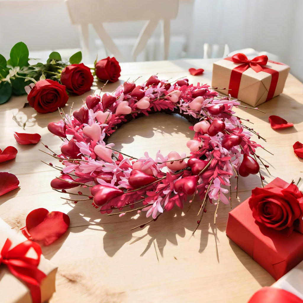 24'' Valentine's Day Wreath for Front Door, Handmade Spring Flower Garland with Red Berries and Pink Love Heart