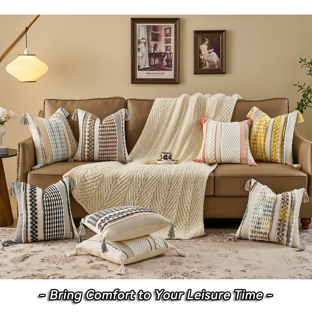 Chenille Striped Tufted Textured Boho Throw Pillow Covers Aesthetic with Tassels Woven Decorative Pillow Case for