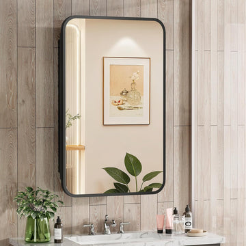 16x24 Inch Black Mirror Medicine Cabinet Metal Framed Recessed Wall Mounted Bathroom Medicine Cabinet with Mirror and