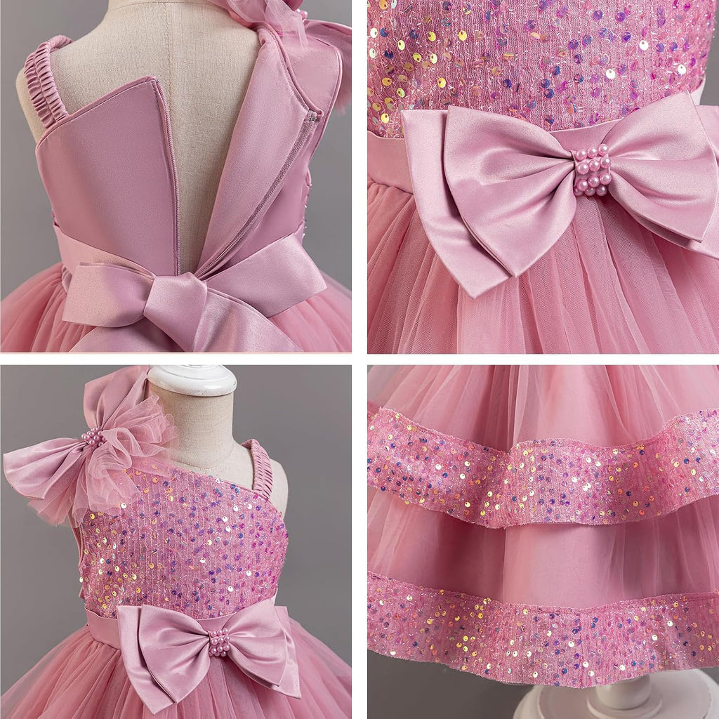 Toddler Baby Girls Pageant Dress Shiny Bow Asymmetric Shoulder Formal Birthday Party Tiered Tulle Gowns 1