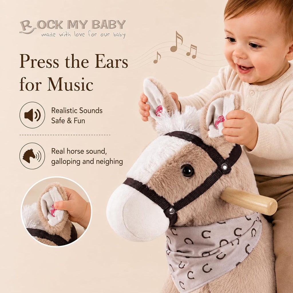 My Baby Rocking Horse with Seat, Plush Ride-On Rocker with Realistic Sound, Wooden Rocking Horse for Toddlers Ages