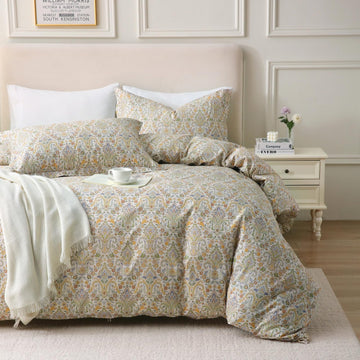 Damask Floral Duvet Cover Set King Size Yellow Flower Bedding Boho Quilt Cover Set Luxury Egyptian Cotton